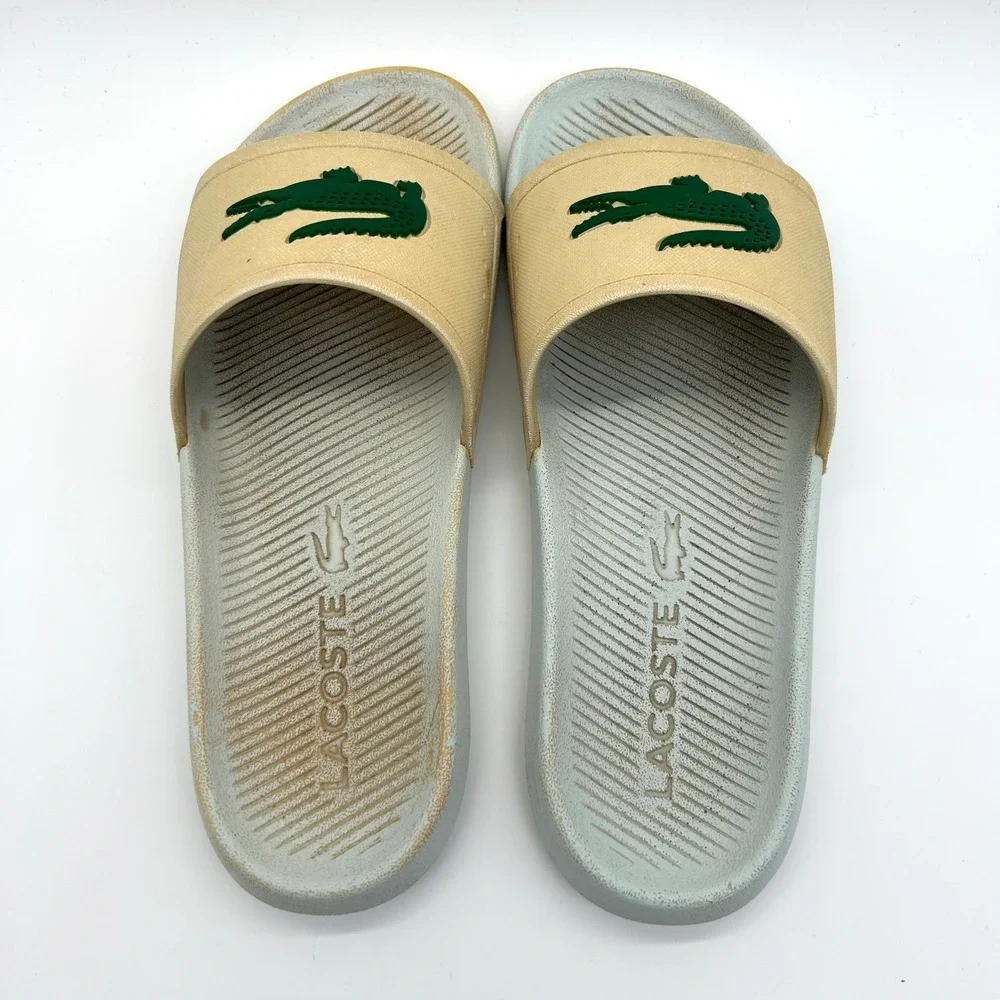 Lacoste Slide Sandals Men 10 Cream Grey Croc Logo Sporty Casual Summer Shoes VTG
